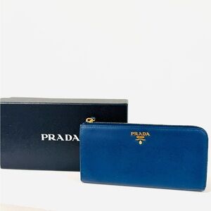Prada Sapphire Leather Zip Wallet Blue
